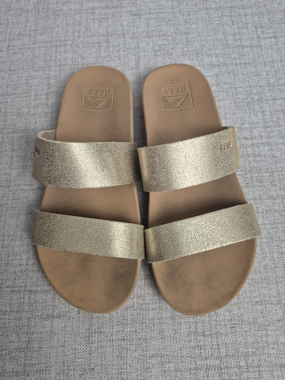 REEF Metallic Gold Two Strap Cushion Slide Sandals Size 13/1